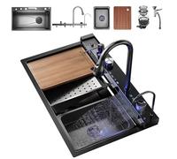 Fregadero De Cocina De Acero Inoxidable Con Grifo De Cascada Digital - Fregadero De Una Sola Cubeta De Montaje Superior, Grifo Extraíble Multifuncional, Dispensador De Jabón Y Juego(Black-Grey#2,68x45