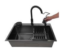 Fregadero de cocina de acero inoxidable con grifo extraíble, lavadora de tazas, dispensador de jabón, cesta de drenaje, fregadero grande, 72 x 45 x 20 cm, color negro