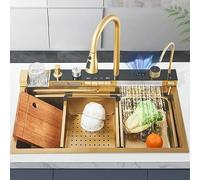Fregadero de cocina de acero inoxidable con grifo, recipiente individual grande con aspersor en cascada y función de lluvia, sistema de 4 funciones, fregadero dorado 75 x 46 cm