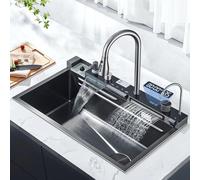 Fregadero de cocina de acero inoxidable con grifo, tazón grande individual con rociador de cascada y función de lluvia, sistema de 4 funciones, fregadero fregadero antracita