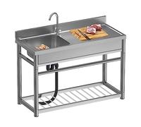 Fregadero de cocina de acero inoxidable con mesa de trabajo, fregadero de un seno para hostelería, fregadero independiente con superficie de trabajo y grifos de agua, fregadero de cocina con soporte