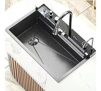 Fregadero de cocina de acero inoxidable con patrón de panal súper grueso con grifo de cascada, fregadero 2 en 1 para lavavajillas y verduras para uso doméstico, negro, 75 x 45 cm