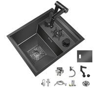 Fregadero de cocina de acero inoxidable con tapa y grifo elevador, lavabo oculto para lavar verduras y manos al aire libre para balcón y estudio