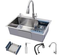 Fregadero de cocina de acero inoxidable, cuenco individual de montaje superior con kit de drenaje y colador de cesta, estación de trabajo de granja nano-recubierta para restaurante, garaje, lavandería