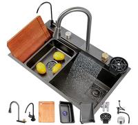 Fregadero de cocina de acero inoxidable de 70 x 50 cm, color negro, multifunción, con grifo extraíble y diseño moderno para uso doméstico y comercial