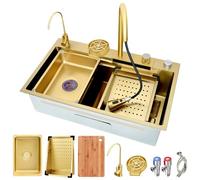 Fregadero de cocina de acero inoxidable de 80 x 50 cm, un solo tazón empotrado/montaje inferior con grifo extraíble, cesta de drenaje y kit completo de residuos, acabado negro