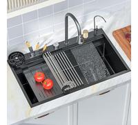 Fregadero de cocina de acero inoxidable de 86 cm con soporte para cuchillos y accesorios, diseño moderno de cascada oculta, fácil de limpiar, ideal para uso doméstico y comercial, duradero y elegante