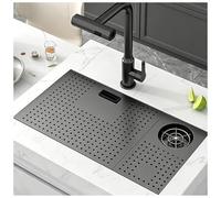 Fregadero De Cocina De Acero Inoxidable De Borde Estrecho Con Grifo Y Enjuague De Vidrio, Fregadero De Preparación De Barra Multifunción 3 Opciones De Instalación(Black-Gray#2,55x26cm)