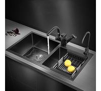 Fregadero de cocina de acero inoxidable de doble cuenco con grifo negro de doble propósito, diseño multifuncional, nanorrevestimiento para una fácil limpieza, resistente a las manchas de aceite, ideal