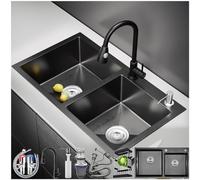 Fregadero de cocina de acero inoxidable de doble cuenco negro con grifos y accesorios, fregadero de barra recto integrado, base de cobre, color negro, para cocinas modernas