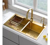 Fregadero de cocina de acero inoxidable de doble tazón, apto para lavavajillas, duradero, elegante, fácil de limpiar para hogares modernos