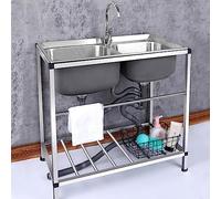 Fregadero de cocina de acero inoxidable de doble tazón, lavabo de pie con calor y frío para catering al aire libre, 80 x 43 cm, grado comercial