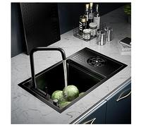 Fregadero de cocina de acero inoxidable de un solo tazón, color negro, moderno, comercial, bajo encimera, con grifo oculto, dispensador de jabón, conjunto de drenaje
