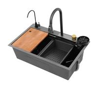 Fregadero de cocina de acero inoxidable, diseño de cascada multifunción con grifo extraíble de alta presión, fregadero profesional para encimera