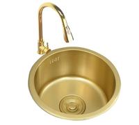 Fregadero de cocina de acero inoxidable dorado de 40 cm, fregadero redondo de un solo tazón con residuos y desbordamiento para cocinas pequeñas y elegante actualización de cocina