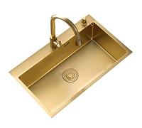 Fregadero de cocina de acero inoxidable dorado, grande, de un solo tazón, fácil de limpiar, incluye grifo y accesorios, opciones de varios tamaños, 65 x 45 cm, mejora del hogar