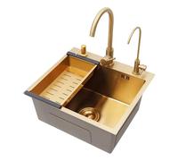 Fregadero de cocina de acero inoxidable Ecoggeder Multifuncional Fregadero de una cubeta Fregadero de cubeta única Fregadero compuesto 55 x 50 cm Oro con grifos, cesta de escurrido, dispensador de