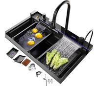 Fregadero de cocina de acero inoxidable, grifo multifunción con cascada, fregadero grande de un solo cuenco, accesorios completos (80 x 46 x 22 cm)