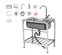 Fregadero de cocina de acero inoxidable más grueso, fregadero de catering en forma de T para exteriores/interiores, hogar, bar, unidad de jardín, portátil, comercial, lavabo de mano de un solo tazón