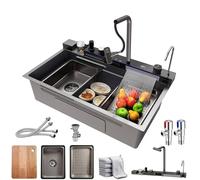 Fregadero de Cocina de Acero Inoxidable Moderno Multifunción Compatible con macetas grandes de 30 cm, con Cascada, Desagüe, Grifo Extraíble, Tabla de Cortar y Dispensador de Jabón (Negro, 80x45cm)