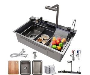 Fregadero de Cocina de Acero Inoxidable Moderno Multifunción Compatible con macetas grandes de 30 cm, con Cascada, Desagüe, Grifo Extraíble, Tabla de Cortar y Dispensador de Jabón (Negro, 68x45cm)
