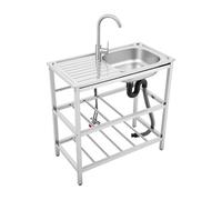 Fregadero de cocina de acero inoxidable móvil, fregadero de cocina independiente, 75 x 40 x 78 cm, con grifo frío/caliente y 2 niveles, enrollable para cocina, garaje, jardín, camping, exterior