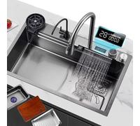Fregadero de cocina de acero inoxidable negro con cascada, fregadero individual con lavadora, pantalla de temperatura, accesorios completos (80 x 45 x 22 cm)