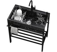 Fregadero de cocina de acero inoxidable negro, con dispositivo de drenaje y grifo frío y frío, lavamanos de servicio público al aire libre independiente (68 * 45 * 86cm/26.7 * 17.7 * 33.8in)