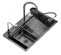 Fregadero de cocina de acero inoxidable negro con grifo de cascada, diseño de cuenco único, accesorios completos incluidos (80 x 45 x 22 cm), moderno, fácil de instalar.