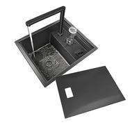 Fregadero de cocina de acero inoxidable negro de un solo tazón con arandela de taza y accesorios para cocinas modernas