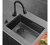 Fregadero de cocina de acero inoxidable negro en estilo rústico, cuenco individual, instalación inferior o encimera, con dispensador de grifo/jabón para hotel, restaurante, barra de patio trasero