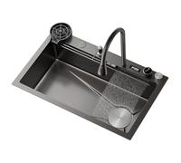 Fregadero de cocina de acero inoxidable negro nano, bajo encimera, cubeta simple, con grifo extraíble, tabla de cortar y colador(75X45CM)