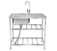 Fregadero de cocina de acero inoxidable para exteriores, para lavandería, con gabinete, portátil, independiente, para acampar, garaje, grifo de agua fría y caliente, juego de colador de drenaje, banco