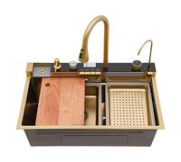 Fregadero de cocina de acero inoxidable rectangular 3 en 1, grifo extraíble, cascada, 75 x 46 cm, multifuncional de acero inoxidable, fregadero de cocina empotrable con grifo digital multifuncional