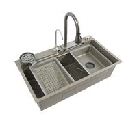 Fregadero de cocina de acero inoxidable rectangular 3 en 1, grifo extraíble, cascada, 80 x 45 cm, multifuncional, de acero inoxidable, fregadero de cocina empotrable con escurreplatos, tabla de cortar