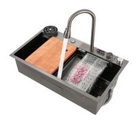 Fregadero de cocina de acero inoxidable rectangular 3 en 1, grifo extraíble, cascada, 80 x 46 cm, multifuncional de acero inoxidable, fregadero de cocina empotrable con grifo digital multifuncional