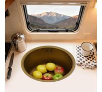 Fregadero de cocina de acero inoxidable, redondo, dorado, con tapa, sifón y juego de desagüe, fácil de limpiar, ideal para caravanas, mostradores de bar, cocina y baño, 40 x 40 x 20 cm