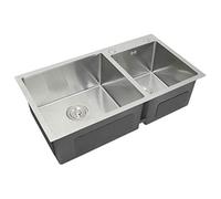 Fregadero de Cocina de Acero Inoxidable Tazón Doble Acabado Satinado Cuadrado Premium Hecho a Mano con Colador Tapón y Tubo de Desagüe