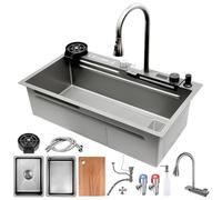 Fregadero de cocina de cascada de 75 x 45 cm, fregadero de acero inoxidable gris plateado, fregadero empotrado con grifo extensible, lavaplatos, dispensador de jabón, soporte para cuchillos, sifón y