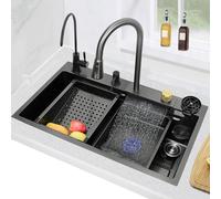 Fregadero de cocina de cascada negro, cuenco individual integrado hecho de acero inoxidable, multifuncional con estante para tazas para cocinas y bares de restaurante (68 x 45 cm)