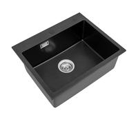 Fregadero de cocina de cuarzo negro de 55 x 45 cm, doble cuenco con desagüe, diseño de 2 agujeros, elegante y moderno, duradero y elegante esencial para el hogar