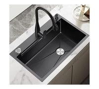 Fregadero de cocina de diseño escalonado, fregadero individual grande con grifo extraíble de 3 posiciones, fregadero de barra Nano con dispensador de jabón, utensilios de coci(75-46cm Black-75CM)