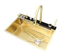 Fregadero de cocina de doble cascada con pantalla LED, lavadora de tazas, dispensador de jabón, mezclador de cascada, diseño de estación de trabajo, controles de encimera, fregadero moderno y