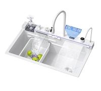 Fregadero de cocina de doble cascada de acero inoxidable con grifo LED y pantalla de temperatura, moderno, duradero, fácil de limpiar, ideal para cocinas contemporáneas, mejora tu hogar