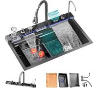 Fregadero de Cocina de Doble Cascada, Fregadero de Acero Inoxidable 304 Negro con Pantalla Digital, Fregadero de Cocina bajo encimera con Accesorios (S : 80 * 46 * 22cm)