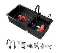 Fregadero de cocina de doble tazón de acero inoxidable con grifo extraíble, dispensador de jabón y accesorios, 72 x 40 cm, negro y elegante para cocinas modernas