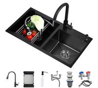 Fregadero de Cocina de Doble Tazón de Acero Inoxidable Fregadero Multifuncional Nano Bar Fregadero con Cremallera Negra, con Cesta de Drenaje de Grifo Expandible, Componente de Drenaje de Jabón, YOU