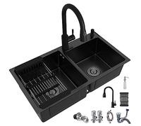 Fregadero de cocina de dos tazones con grifo extraíble, fregadero de preparación de barra negro, estación de trabajo de acero inoxidable con superficie nanorrevestida, fácil de limpiar, montaje doble