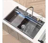 Fregadero de cocina de estilo rústico de 100 x 52 cm con grifo de cascada extraíble, estación de trabajo empotrable, lavabo en lavabo y lavadora de tazas para cocinas modernas de granja