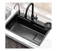Fregadero de cocina de gran capacidad, fregadero nano grande individual con portacuchillos integrado, fregadero de barra con lavadora de tazas de alta presión y utensilios de (68-46cm Black-68*46CM)